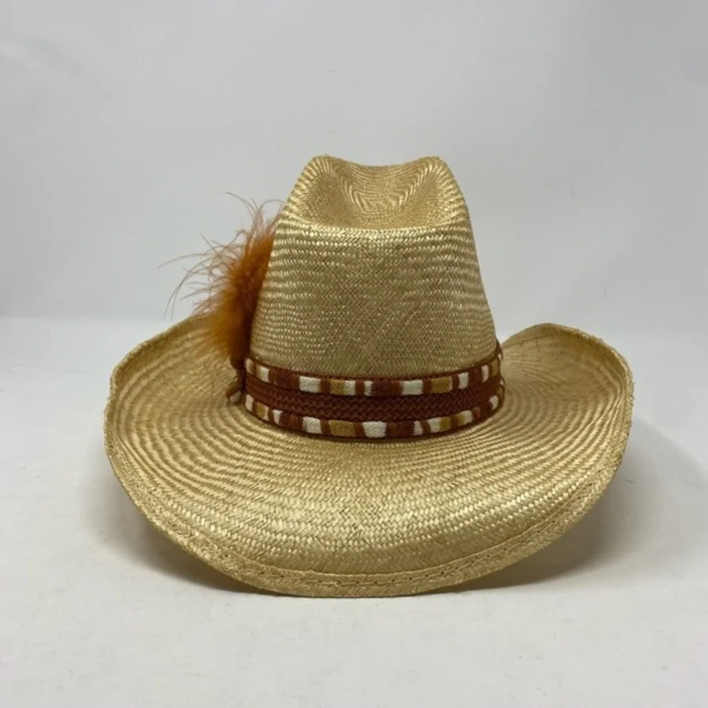 Vtg Stomper Unisex Cowboy Hat Woven‎ Band Feather Accent Straw  Western Rodeo